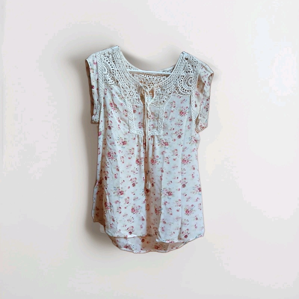 Daniel Rainn Floral Crochet Lace Yoke Sleeveless Blouse Cream Pink Small